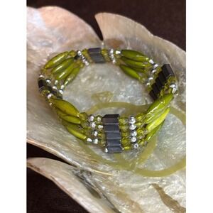 Green Beaded Wrap Bracelet Long Strand Necklace Hematite Style Accents Boho